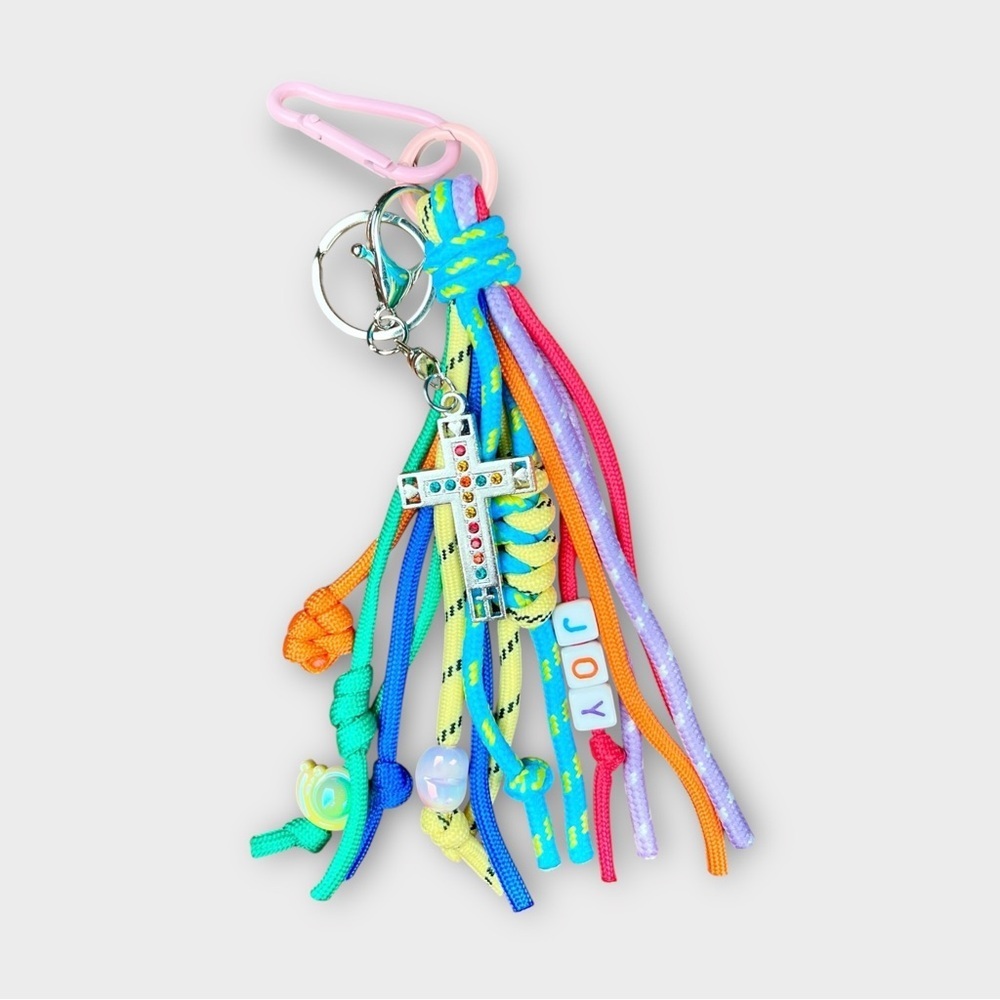 Christian Bag Charm, Colorful Tassel, Cross, and Joy Beaded - Picture 2 of 5